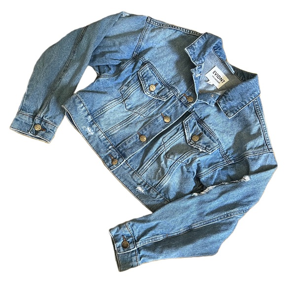 EVIDNT LOS ANGELES MEDIUM WASH DISTRESSED CROPPED DENIM JACKET SIZE XS - Picture 2 of 8